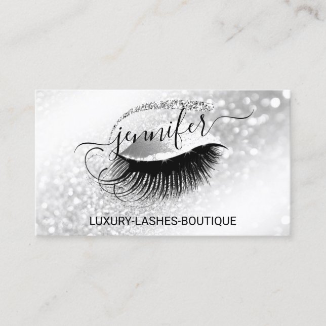 Makeup Eyelash QR Logotyp Glitter Grått Silver Visitkort (Framsida)
