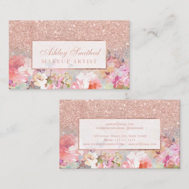 Makeup för vattenfärg för rosa guld- glitter för visitkort (Fram/baksida)
