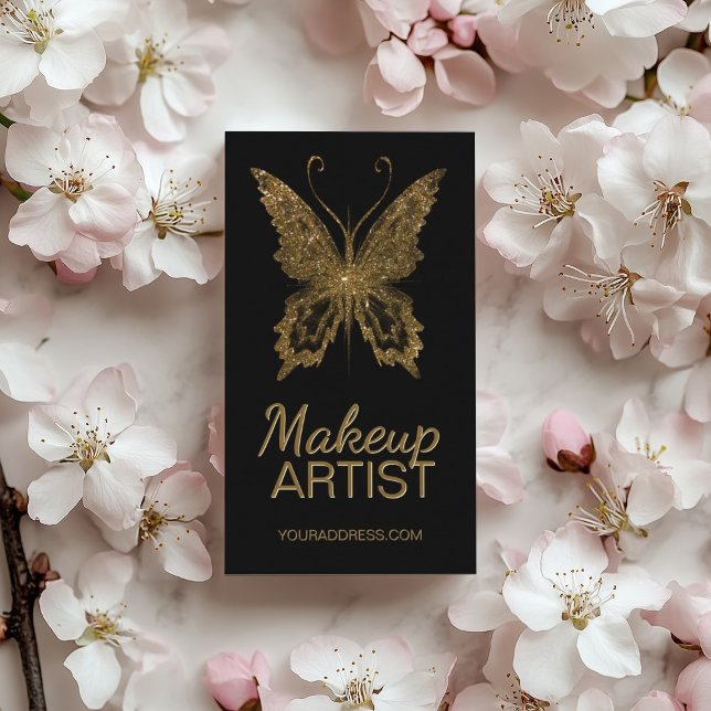 Makeup Glitter Faux Guld Foil Butterfly Black Visitkort (Perfect for business)