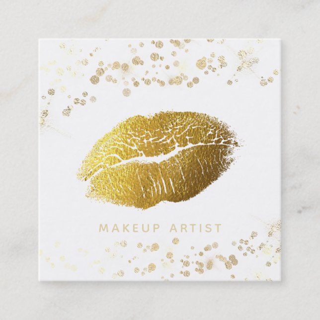 *~* Makeup Guld Glitter Läppar Guld confetti White Fyrkantigt Visitkort (Framsida)