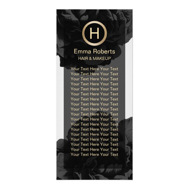 Makeup & Hair Modern Monogram Black & Guld Blommig Reklamkort (Framsidan)