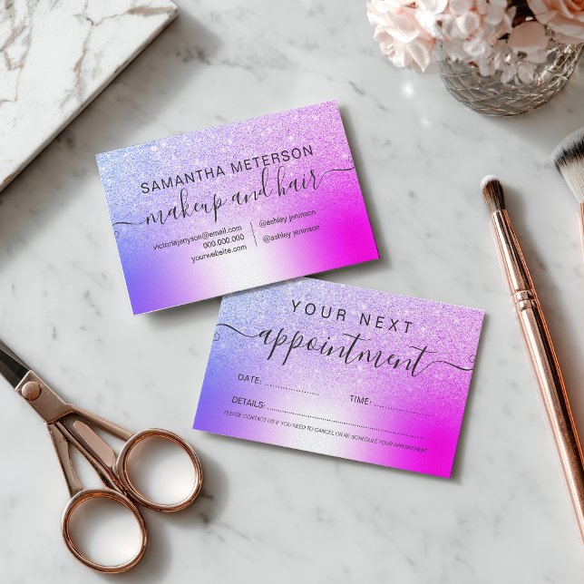 Makeup hair pink purple glitter metallic foil tidsbeställning kort (Makeup hair pink purple glitter metallic foil appointment card)