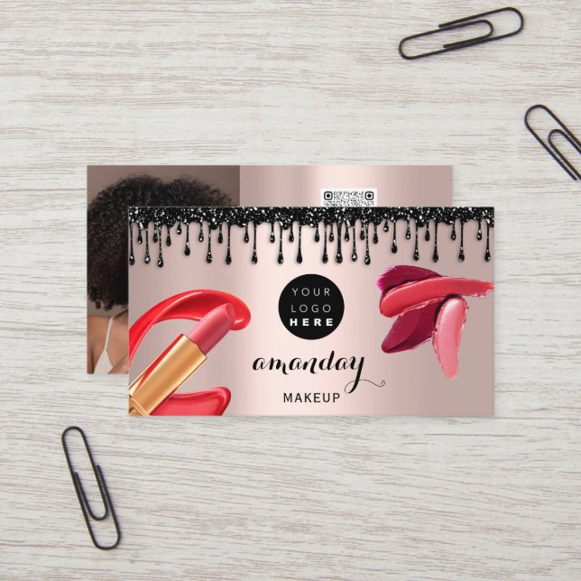 Makeup Hair Red Lipstick Silver Photo QRCode Gloss Visitkort (Fram/Back In Situ)