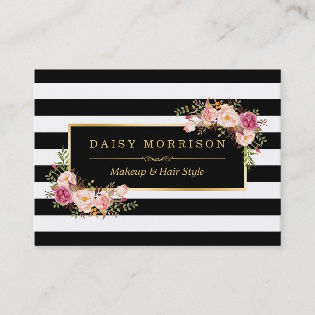 Makeup Hair Stil Salon Elegant Guld Blommigt Decor Visitkort (Framsida)