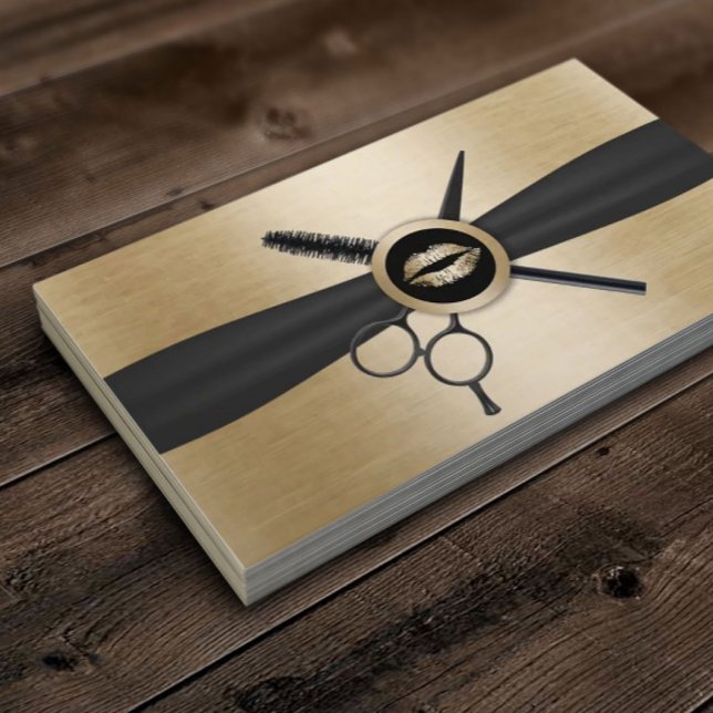 Makeup & Hair Stylist Guld Läppar Modern Black Gul Visitkort (Skapare uppladdad)