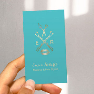 Makeup & Hair Stylist Turquise Guld Scissor Läppa Visitkort
