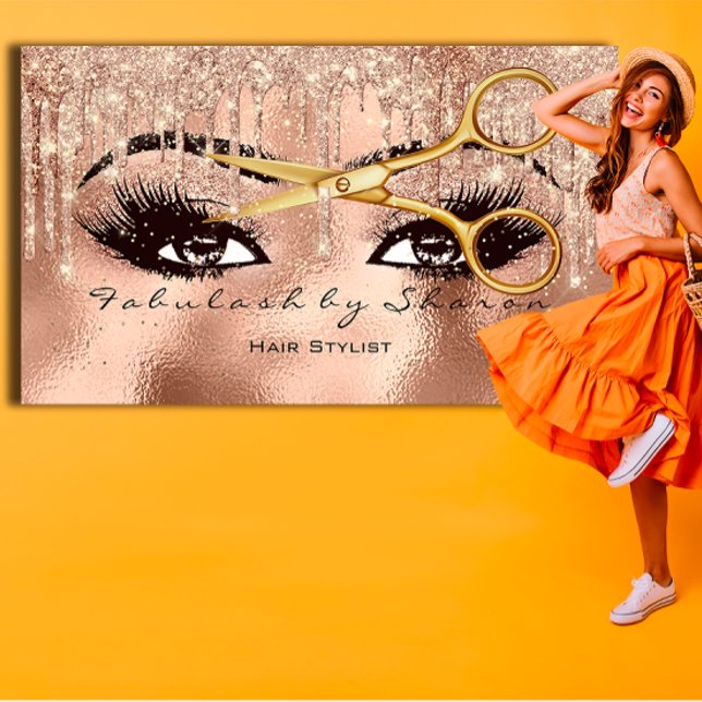 Makeup Hairs Lash Glitter Drip Scissor Ro Visitkort (Makeup Hairs Lashes Glitter Drip Scissors Rose Business Card)