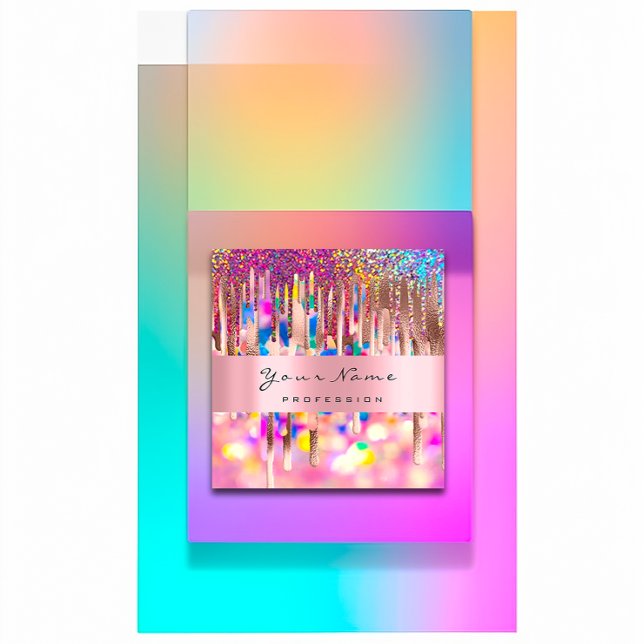 Makeup Lash Nagel Rosa Unicorn Holograph Drives Fyrkantigt Visitkort (Makeup Lashes Nails Pink Unicorn Holograph Drips Square Business Card)