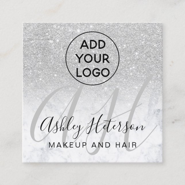 Makeup marble silver glitter logotyp monogram fyrkantigt visitkort (Framsida)