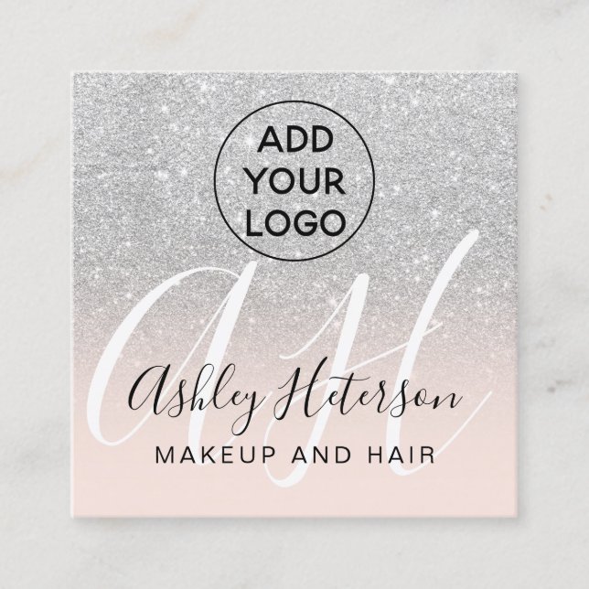 Makeup-monogram för logotyp i  silver glitter fyrkantigt visitkort (Framsida)