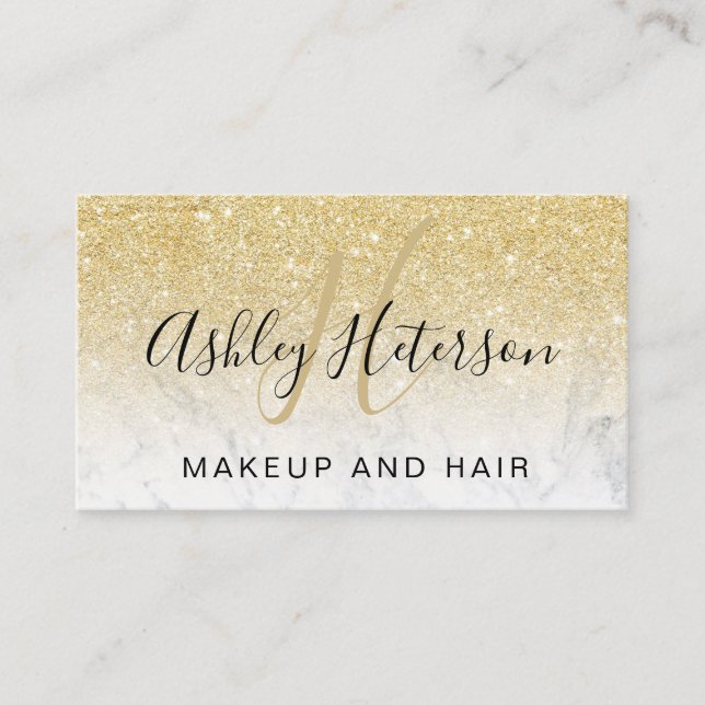 Makeup monogram manus marble guld glitter visitkort (Framsida)