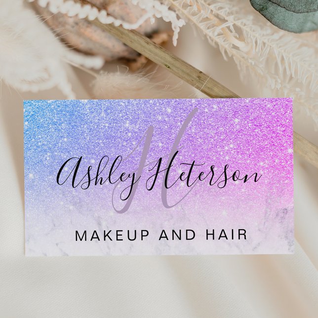 Makeup monogram marble rosa glitter visitkort (Skapare uppladdad)