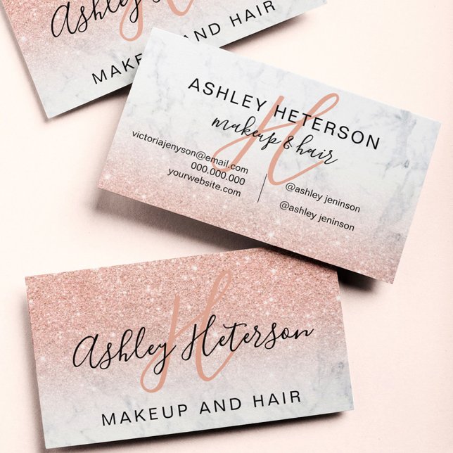Makeup monogramme marble ro guld glitter visitkort (Skapare uppladdad)