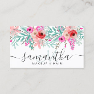 Makeup mynta rosa blommigt vattenfärg monogrammat visitkort