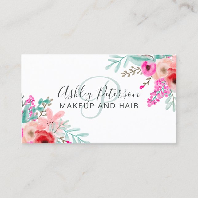 Makeup mynta rosa blommigt vattenfärgsmonogram för visitkort (Framsida)