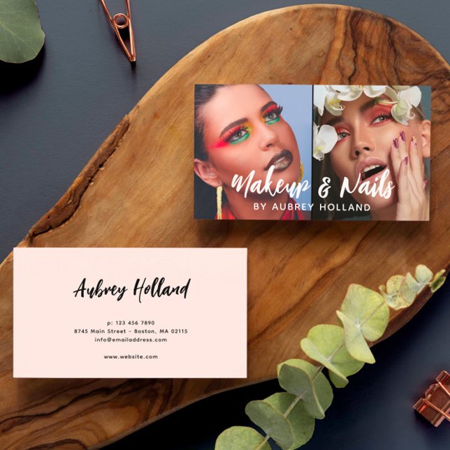 Makeup & Nagel White Script 2-foton Visitkort (Skapare uppladdad)