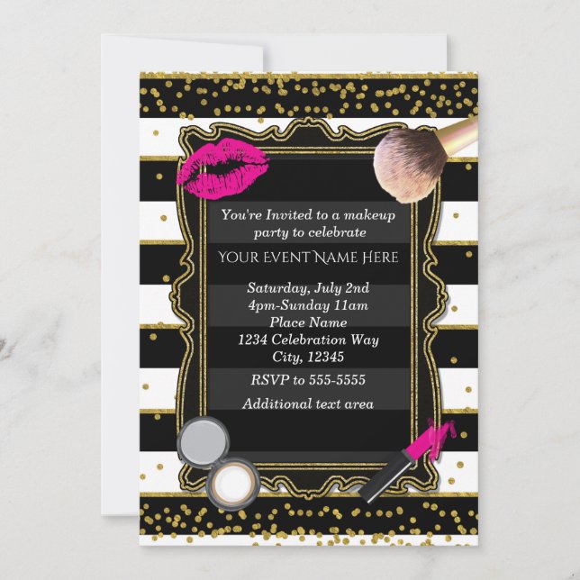 Makeup Party Guld Konfetti & Ränder Glamour Inbjudningar (Framsida)