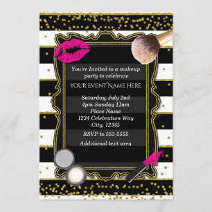 Makeup Party Guld Konfetti & Ränder Glamour Inbjudningar