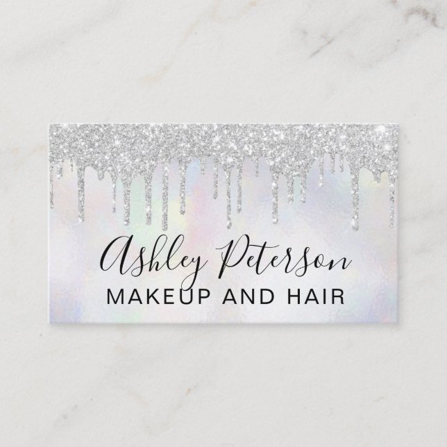 Makeup pearl typography glitter silver droppar visitkort (Framsida)