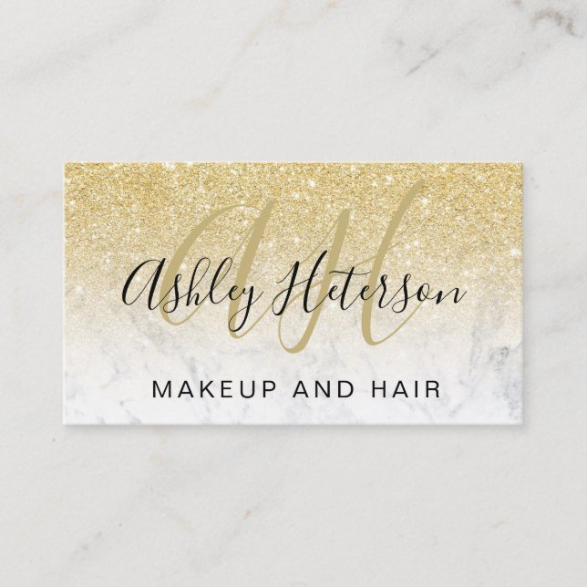 Makeup-skript för marmor chic guld glitter visitkort (Framsida)