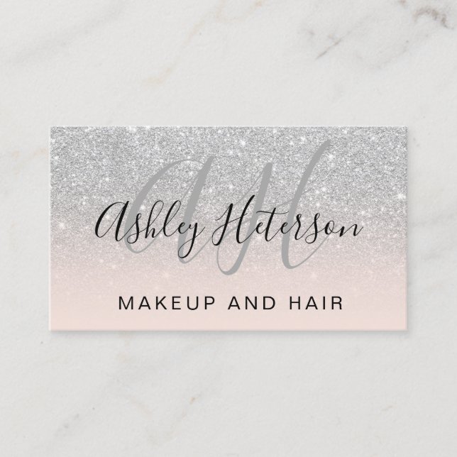 Makeup-skript med monogrammerad rosa silver glitte visitkort (Framsida)