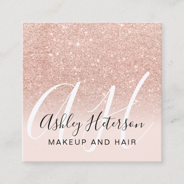 Makeup-skriptmonogram för  ro guld glitter fyrkantigt visitkort (Framsida)