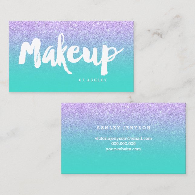 Makeup typography sjöjungfru lavender turcoup visitkort (Fram/baksida)