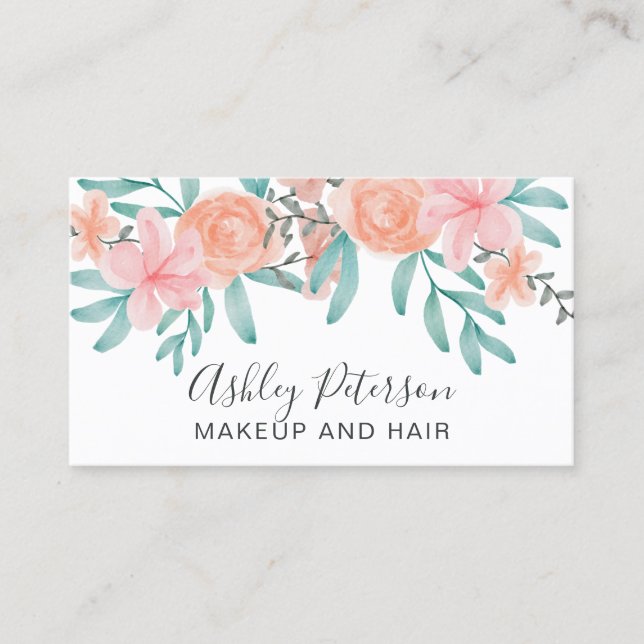 Makeup vår chic korall blommigt vattenfärg visitkort (Framsida)