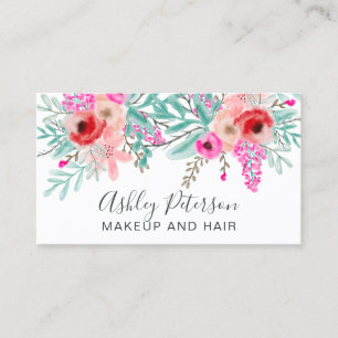 Makeup vår chic mint rosa blommigt vattenfärg visitkort