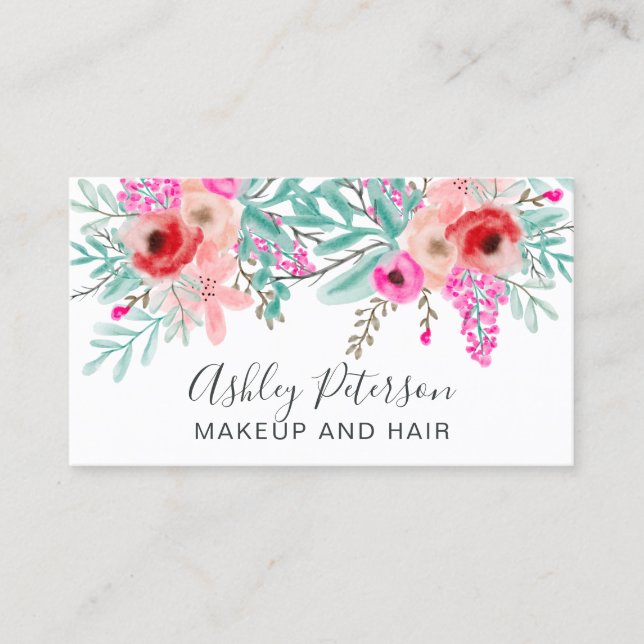 Makeup vår chic mint rosa blommigt vattenfärg visitkort (Framsida)