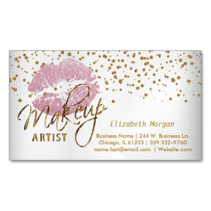 Makeupkonstnär - guld- konfetti och rosa läppar magnetiska visitkort