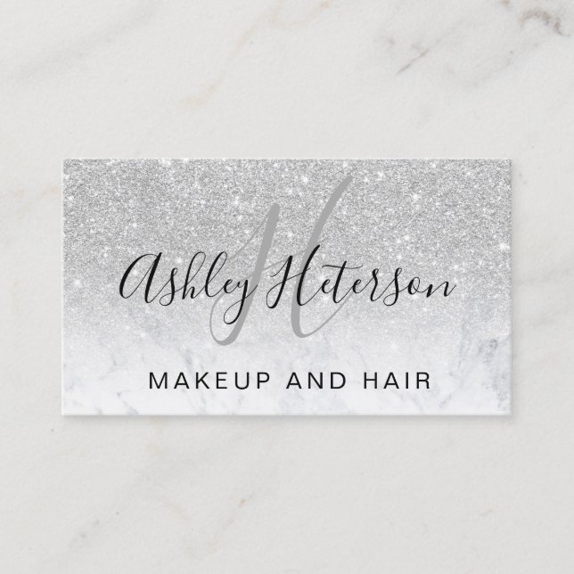 Makeupmonogramen skrivar marmorsilverglitter visitkort (Framsida)