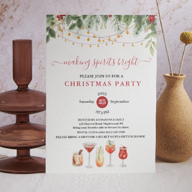 Making Spirits Bright Christmas Cocktail Party Inbjudningar (Making Spirits Bright Christmas Cocktail Party Invitation botanic rustic holiday country farm style )