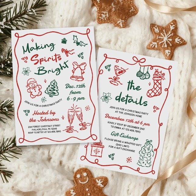 Making Spirits Bright Hand Drawn Christmas Party Inbjudningar (Skapare uppladdad)