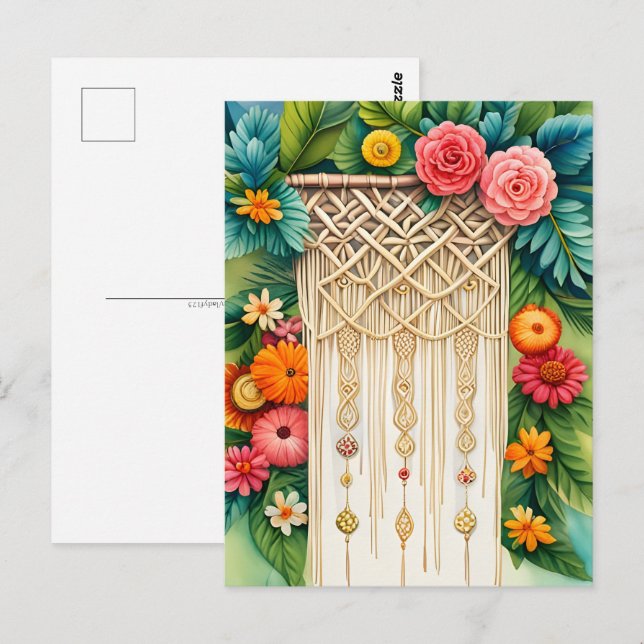 Makram med blommor, postkorsning vykort (Fram/baksida)