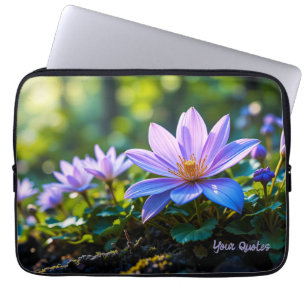 Makro lila skogsblommor med dagg laptop fodral
