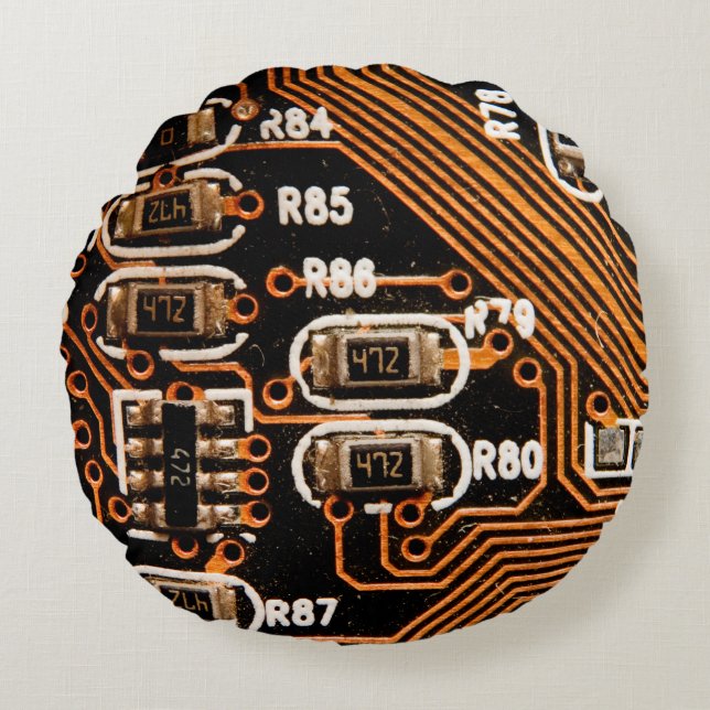makroskott av kretskort, kablar, kondensatorer, ko rund kudde (Framsidan)