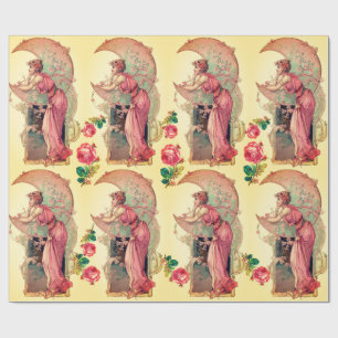 MÅL,DAM I MÅNE,BLOMMOR,ROSA ROS Gult Presentpapper