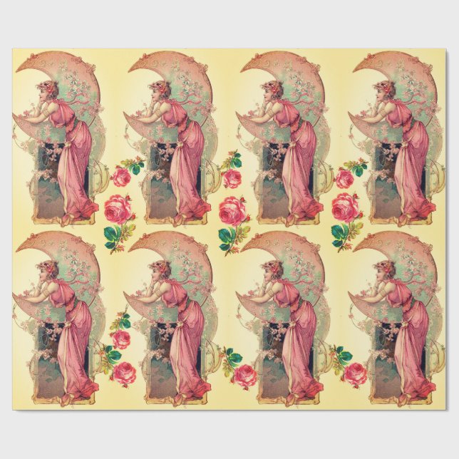 MÅL,DAM I MÅNE,BLOMMOR,ROSA ROS Gult Presentpapper (Platt)