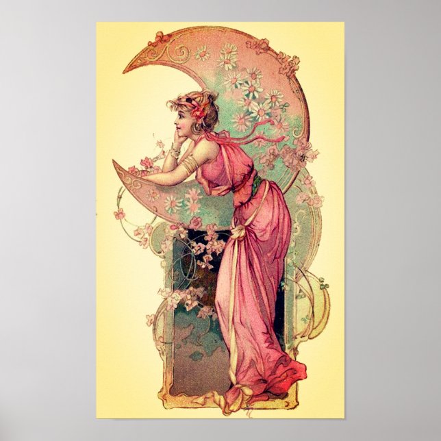 MÅL/DAM I MÅNE MED FLODERS Rosa Gult Poster (Framsidan)
