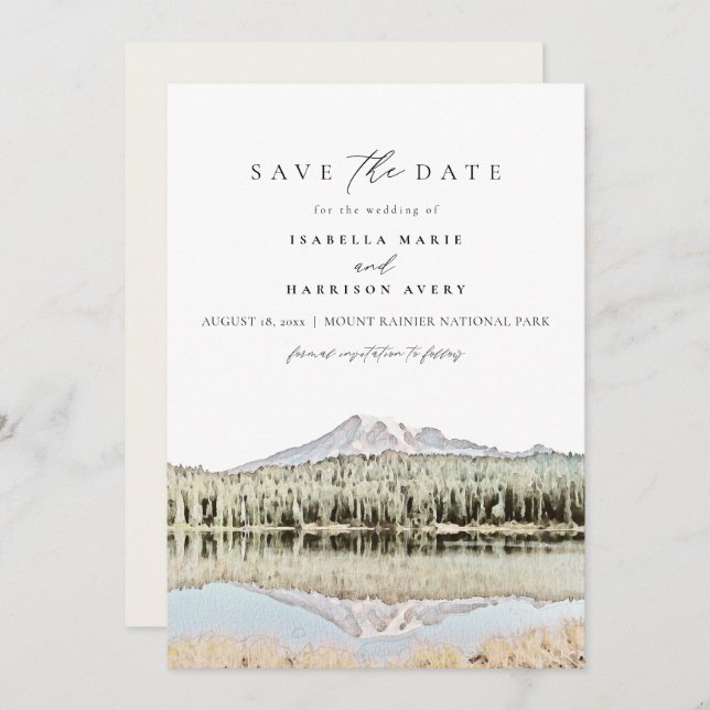 Mål för MOUNT RAINIER-vattenfärg Spara datumet Inbjudningar (Fram/baksida)