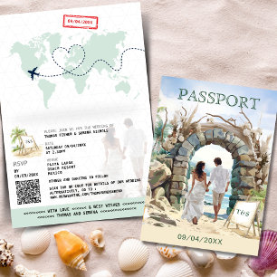 Mål för QR-kod Passport Beach Wedding Inbjudan