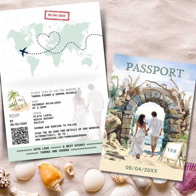 Mål för QR-kod Passport Beach Wedding Inbjudan (Skapare uppladdad)