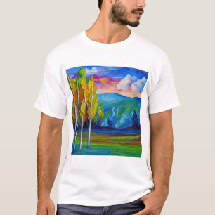 Måla blå berg i grönt träd t shirt