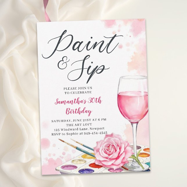 Måla klunkvin Födelsedagsfest Vattenfärg Ros 30-år Inbjudningar (30th birthday party invitation for women paint and sip wine watercolor pink rose elegant template)
