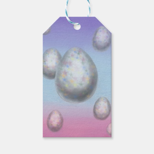 måla konst sju påskägg som flyter i luft presentetikett (Framsidan)