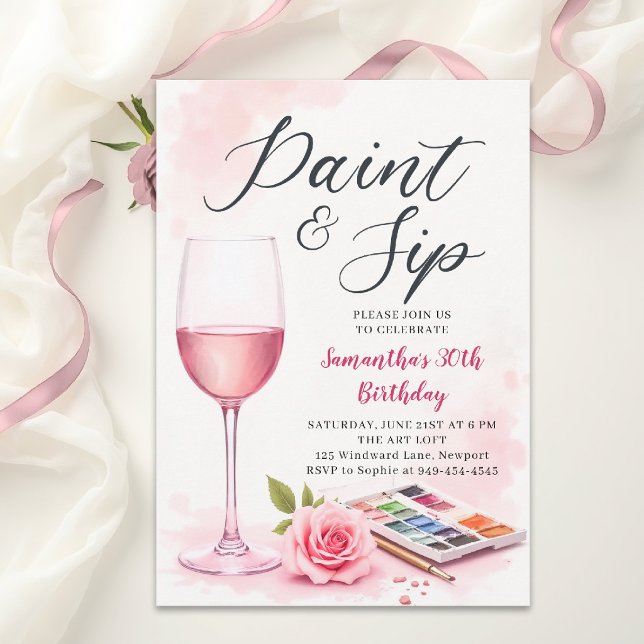 Måla med vin Födelsedagsfest Vattenfärg Chic 30-år Inbjudningar (paint and sip birthday party invitation for women watercolor wine glass pink rose elegant template)