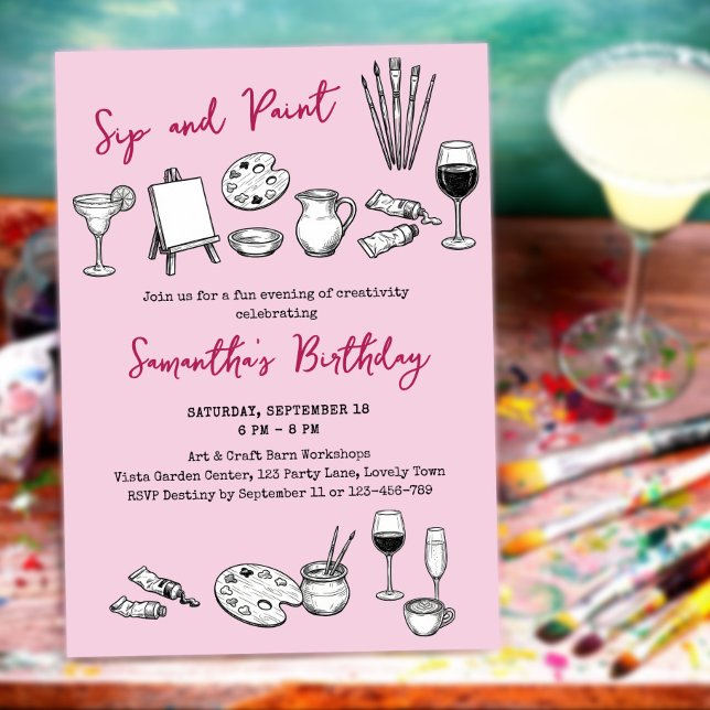 Måla-med-vin Födelsedagsfirande Konst och Underhål Inbjudningar (Sip and Paint invitation, fun activity based celebration or business event for customers)