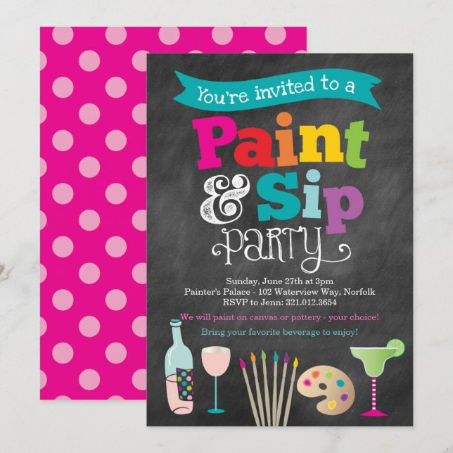 Måla och drick-målning och vinfest-inbjudan inbjudningar (Fram/baksida)