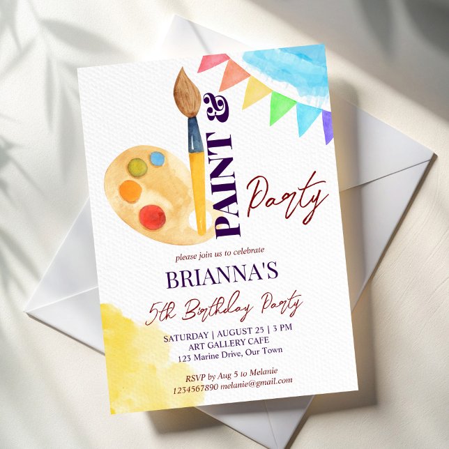 Måla och party teckna mallen party inbjudningar (Paint and party art themed birthday party invitation template instant download colorful pallet brush)